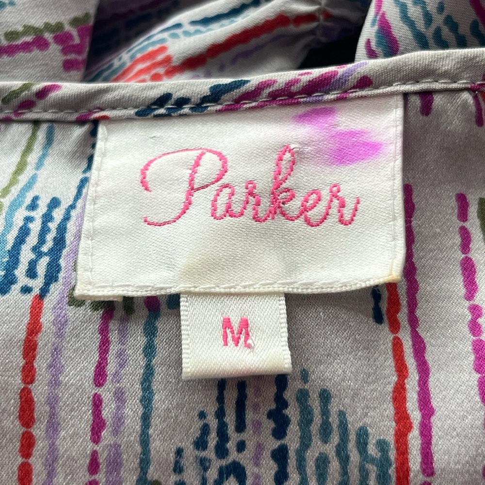 Parker 100% Silk Chevron Print Mini Dress M Pink Gray Keyhole Boho Festival - Picture 9 of 11